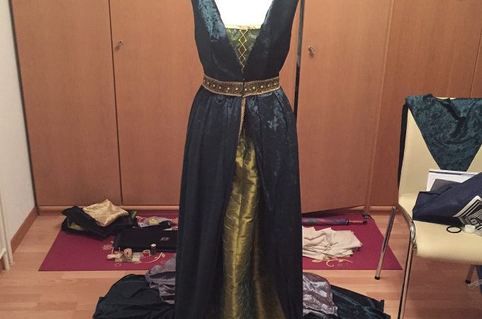 coad draped on dressform renaissance inspired gown
