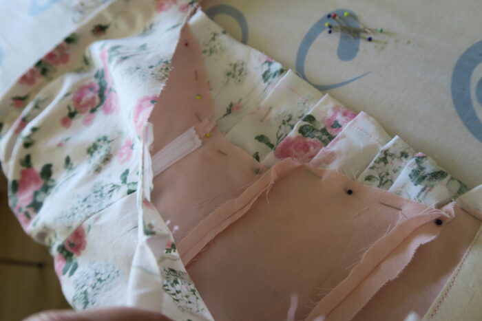 sewing the skirt onto my 18th century bodice
