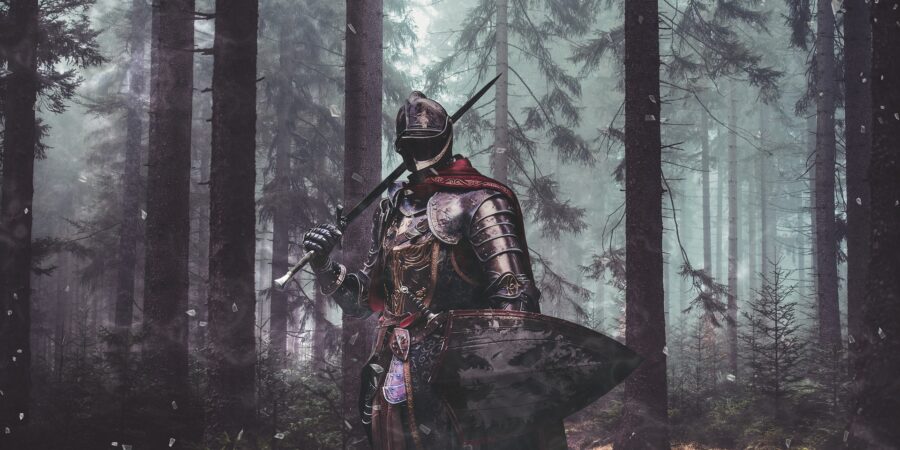 knight with shield and sword in a dark forest